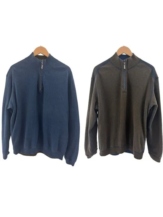 Tommy Bahama Mens Reversible Blue Brown Knit 1/4 Zip Pullover Sweater Size XL