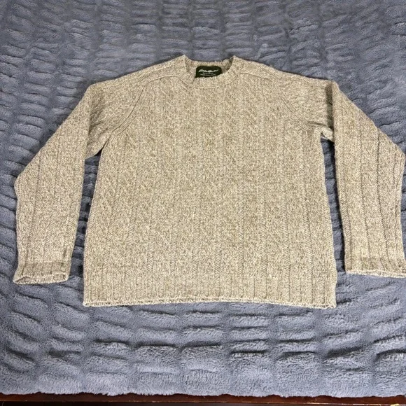 Eddie Bauer Heritage Mens Small 100% Wool Cable Knit Sweater Beige Crew Neck