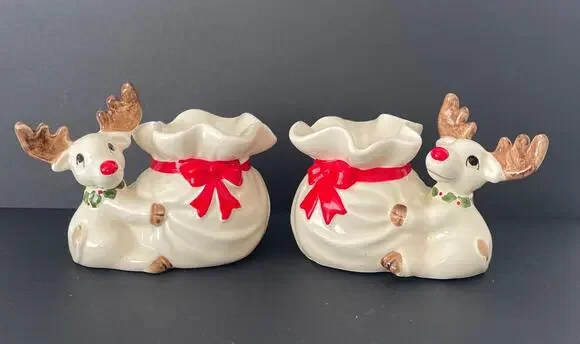 Vintage Christmas 1970s Fitz and Floyd Pr. Reindeer Candle Holders & Box Rudolph
