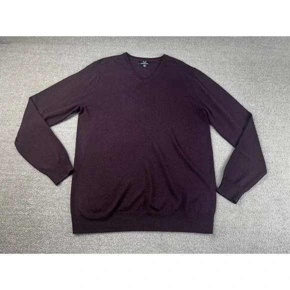 Magaschoni Sweater Mens Large Tall L/T Burgundy 100% Wool V-Neck Fine Knit