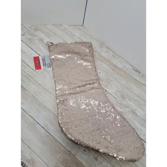 Gold Pink Frosted Forest Sequin Christmas Stocking Champange Sequins 17” New‎