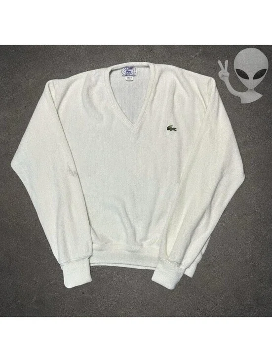 Vintage Izod Lacoste Sweater Mens US L White Acrylic V-Neck Preppy
