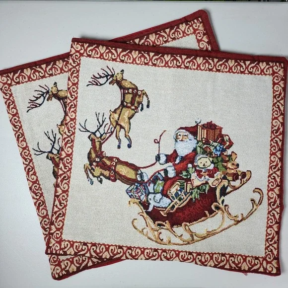 Christmas Santa With Reindeer Woven Pillow Covers Shams Set Of 2 Holiday Decor