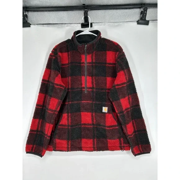 Carhartt Fleece Sweater Red Black Plaid Half 1/2 1/4 Quarter Zip‎ Sherpa Medium