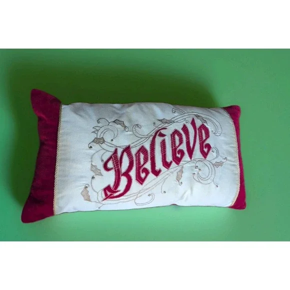 Hallmark Believe Christmas Pillow‎ Velvet Red White Embroidered Holiday  EUC