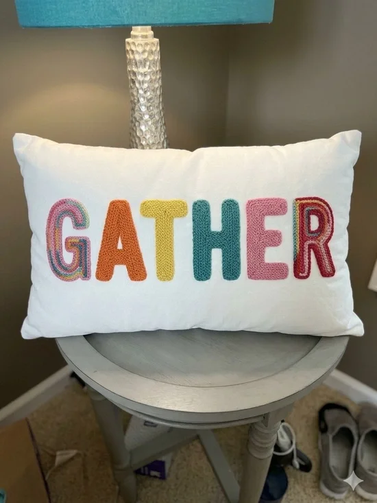 Decorative Throw Pillow with Multicolor Chenille Letters “GATHER”. NIP