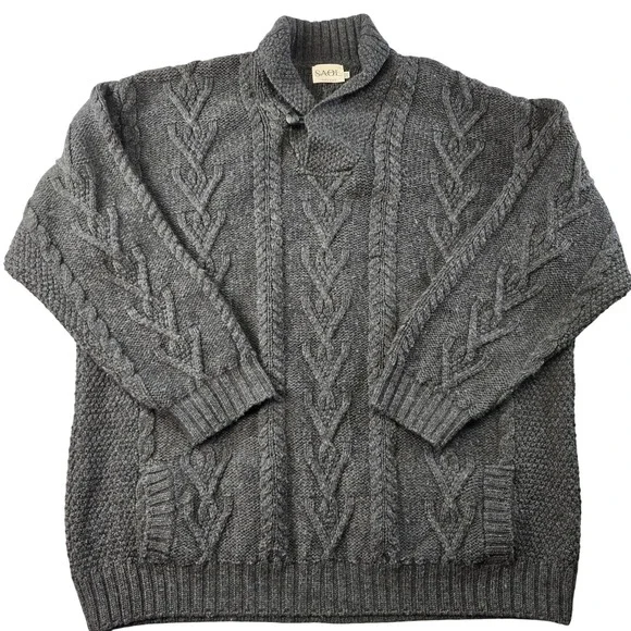 SAOI Sweater Mens M Gray Collared Cable-Knit‎ Pullover Heavyweight Wool Pockets