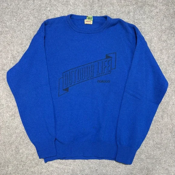 Vintage Fiorucci Outdoor Life Blue Knit Sweater Mens Graphic Crewneck