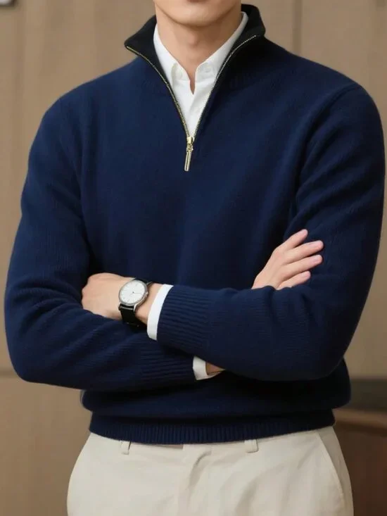 Navy Blue Casual Men's Stand Collar Zip-Up Sweater