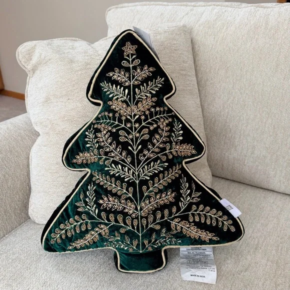 34th & Pine Elegant Embroidered Green Velvet Tree Pillow with Gold Accents