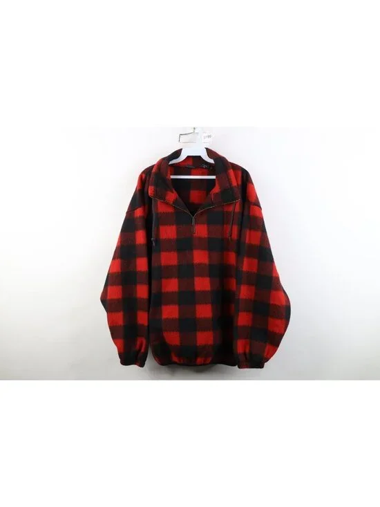 Vintage 90s Streetwear Mens Medium Faded Buffalo Plaid Fleece 1/4 Zip Sweater