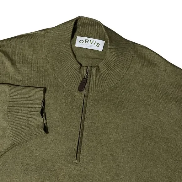 Orvis Quarter Zip Sweater Mens XXL Green Pullover Cotton Silk Cashmere Mock Neck