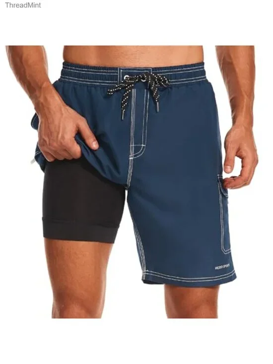 Mens Swim Trunks with Compression Liner Quick-Dry Board Shorts Cargo Pockets 9
