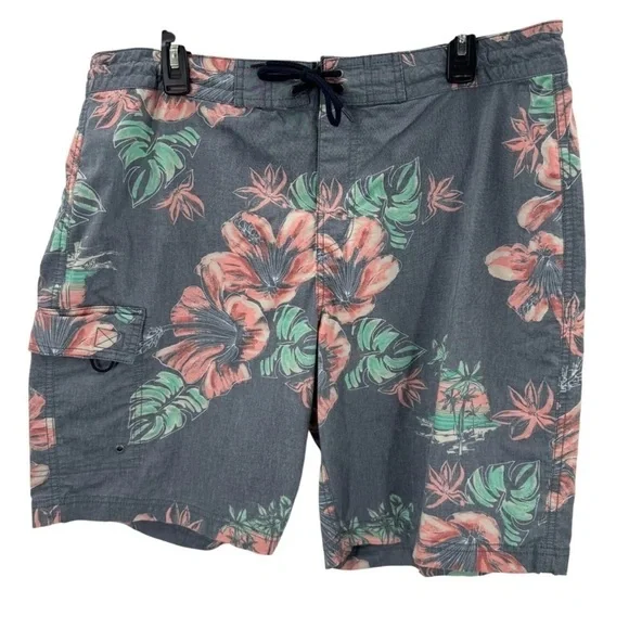 Roundtree & Yorke Mens Floral Blue Swim Trunks Size 38 Elastic Waist With Pocket