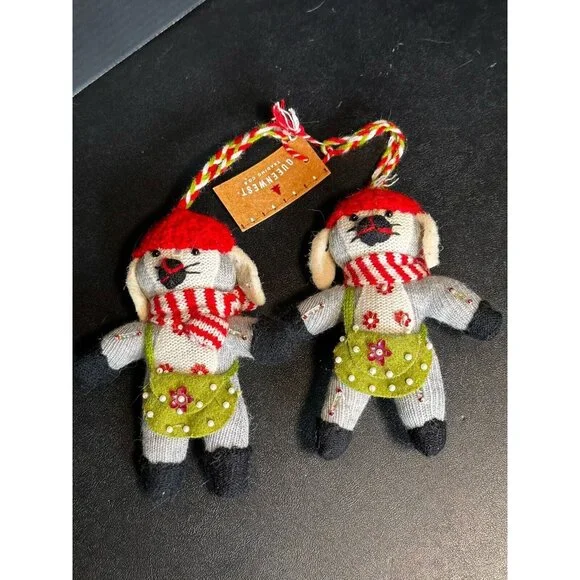 Set of 2 Queenwest Knit Felt Beaded Mouse Mice Christmas Ornaments‎ NWT Kohl’s