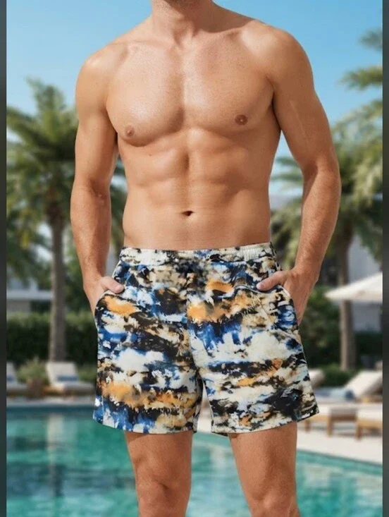 All In Motion Swim Trunks Blue & Orange Abstract Print Lined Size Small