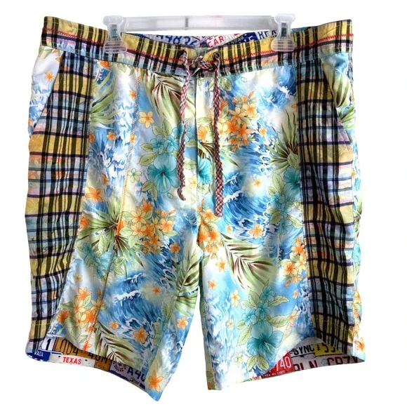 Robert Graham Swim Trunks 38 Patchwork Hawaiian Floral Plaid Surf‎ Beach Shorts