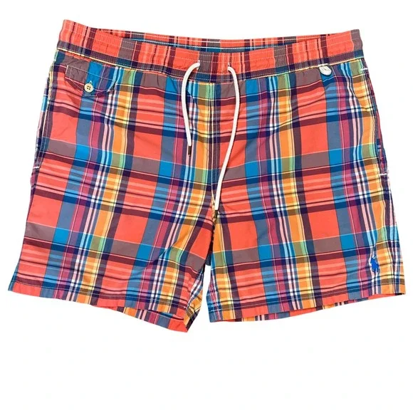 Polo Ralph Lauren Mens Madras Plaid Swim Trunks Multi Color Orange Blue Large