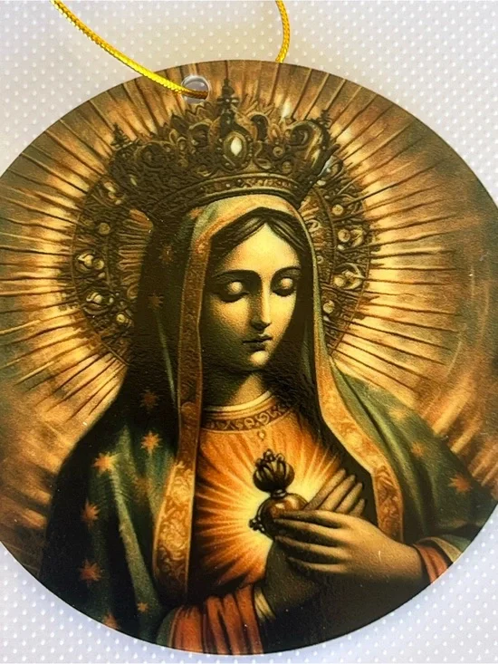 Gold and Green Sacred Heart Mary Ornament - Religious Wall Décor