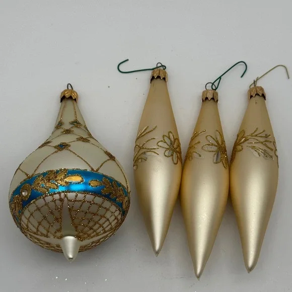 Vintage Glass Christmas Ornaments Lot 4 Cream Gold Lattice Teardrop Torpedo 6