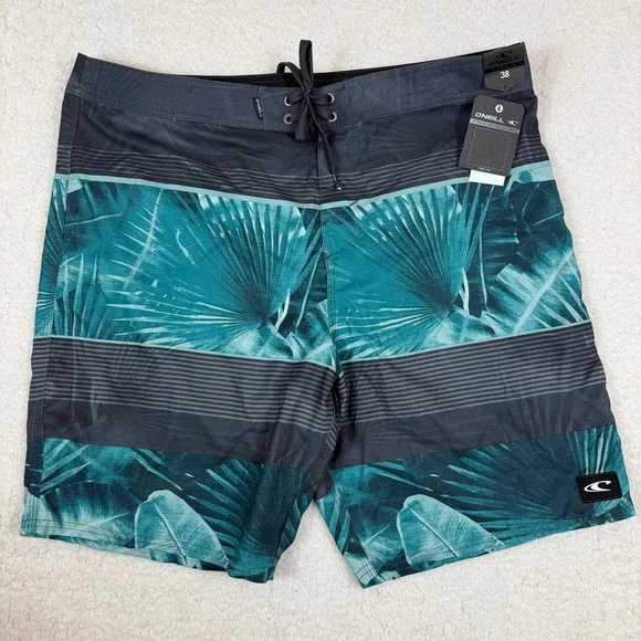 ONeill NWT Mens‎ Board Shorts 38 Teal Grey Tropical Palm Stripe Swim Trunks 20in