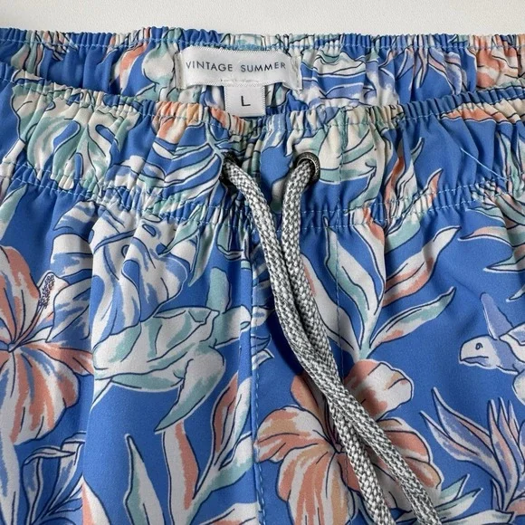 Vintage Summer Men Blue Tropical Sea Turtle Hibiscus Swim Trunks Large 6