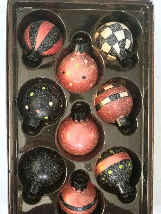 SET OF 9 HALLMARK BLOWN GLASS HALLOWEEN DOTS AND STRIPES  ORNAMENTS 2003 NIB