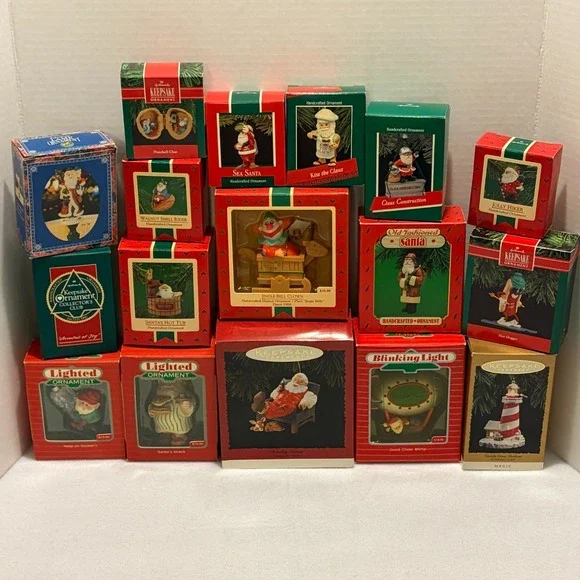 Lot of 17 Vintage Hallmark Keepsake Santa Ornaments Gym Taxi Baseball 1980s