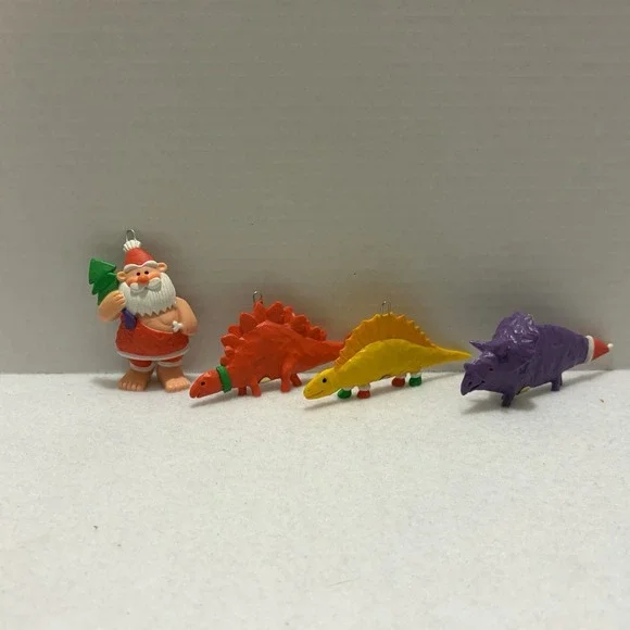 Hallmark Christmas Caveman Santa and 3 Dinosaurs Ornaments Set 1987 Vintage