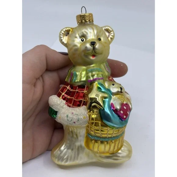 Old World Style Blown Glass Christmas Gold Teddy Bear Tree Ornament Read*