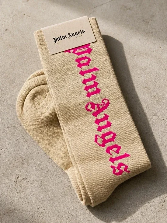 Palm Angels Light Grey/Pink Logo Crew Socks Unisex Adults Size S/M