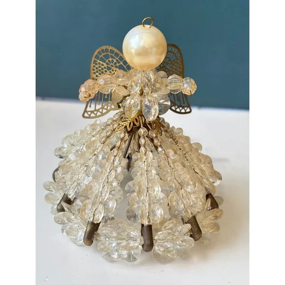 Vintage Beaded Angel Ornament Tree Ornament Safety Pin  Filigree 4 Inch