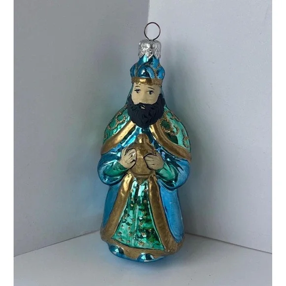 Vintage Blown Glass Wise Man King Christmas Ornament Teal Blue Gold Glitter 6