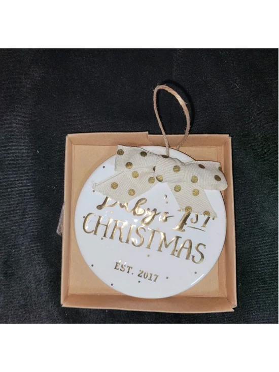 Mud Pie Baby's 1st Christmas Ornament Est 2017 Ceramic Gold Lettering w Box