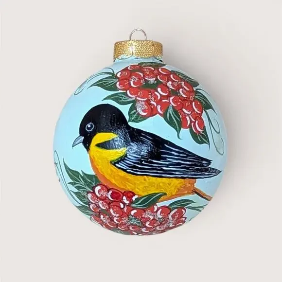 Vintage Hand Painted Baltimore Oriole Glass Christmas Ornament