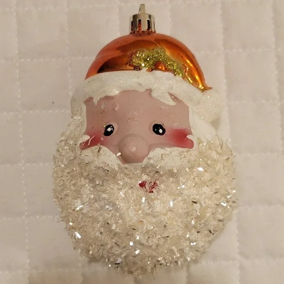 VTG Adorable Santa Head Glitter Beard Christmas Plastic Ornament Holiday Festive