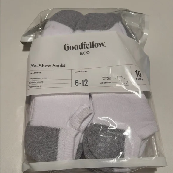 NWT Goodfellow & Co Men’s NO SHOW Socks White 6-12 Cushioned Wicking 10 PAIRS