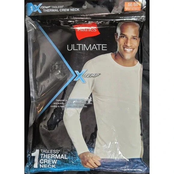 Hanes Ultimate X-Temp Mens Black Thermal Crew Neck Waffle Knit Top W8885 BK M