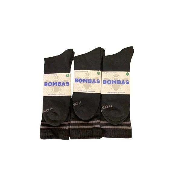 Bombas Mens Crew Socks 3 Pairs Black Grey Striped Honeycomb Arch Support XL NEW