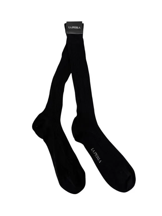 NWT La Perla Black Ribbed Cashmere Silk Tall Socks Mens Size 11