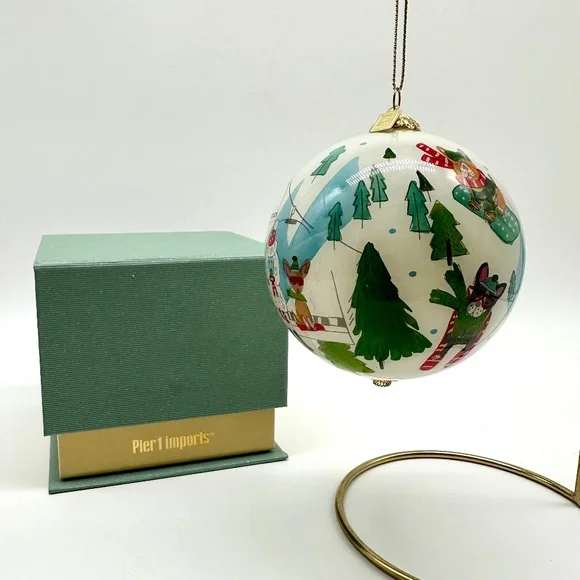 Pier 1 One Imports Li Bien Dogs Skiing Reverse Painted Christmas Ornament 2019