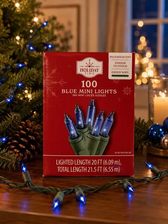 Holiday Time 100 Blue Mini Christmas Lights 20ft Indoor Outdoor Green Wire New