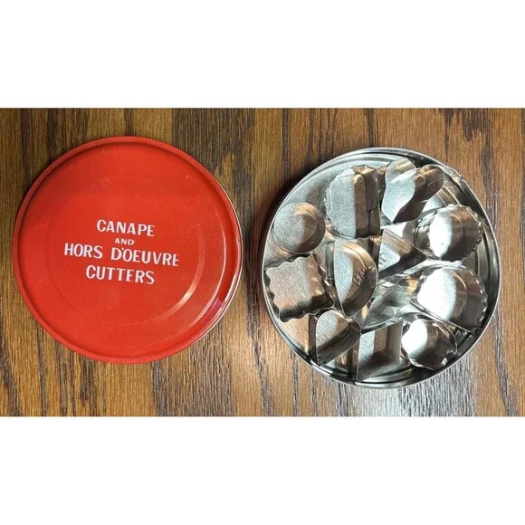 Mini Canape & Hors D'oeuvre Cutters Vtg 12 & Tin Taiwan Heart Diamond Triangle