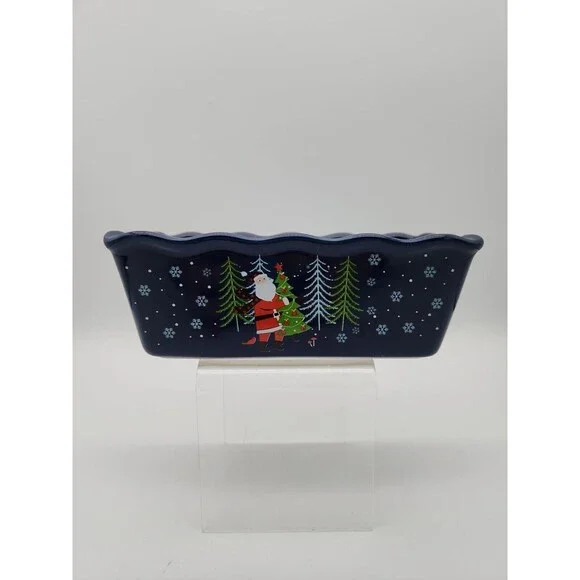 Nantucket Ceramic Mini Loaf Pan Santa Claus Winter Scene Navy Blue NEW 6