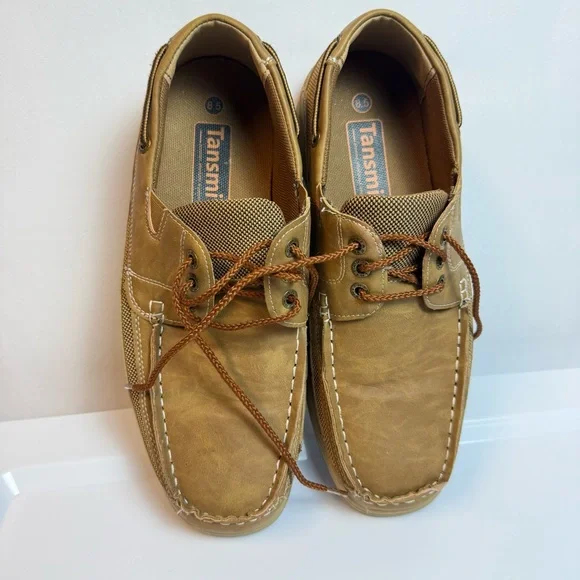 Tansmith Mens‎ Tan Boat Shoes sz 8.5 Boho Casual Lace Up Simulated Leather Mesh
