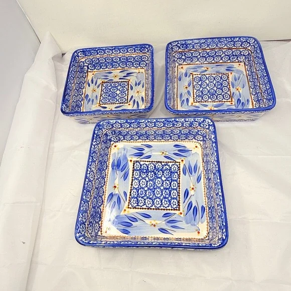 Temp-tations Old World Blue 3 Piece Nesting Square Baker Set 1.5qt 2qt 2.5qt