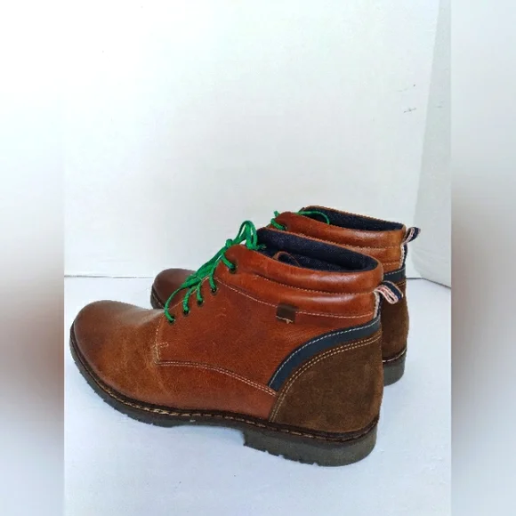 Mens‎ Brown Leather Lace Up Ankle Boots with Green Laces and Suede Heel Trim