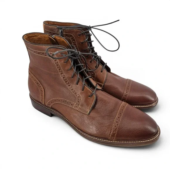 Johnston & Murphy Mens 10 Brown Leather Cap Toe Lace Up Boots Sheepskin EUC
