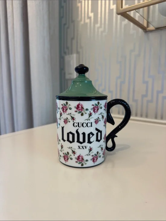 Gucci Floral 'Loved' Lidded Mug in White, Green & Black