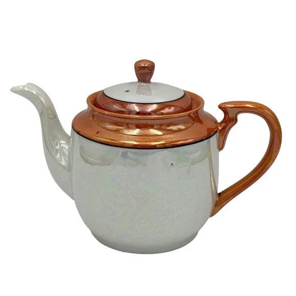 Vtg Made in Japan Iridescent Lusterware Teapot Orange‎ White Black Porcelain Lid